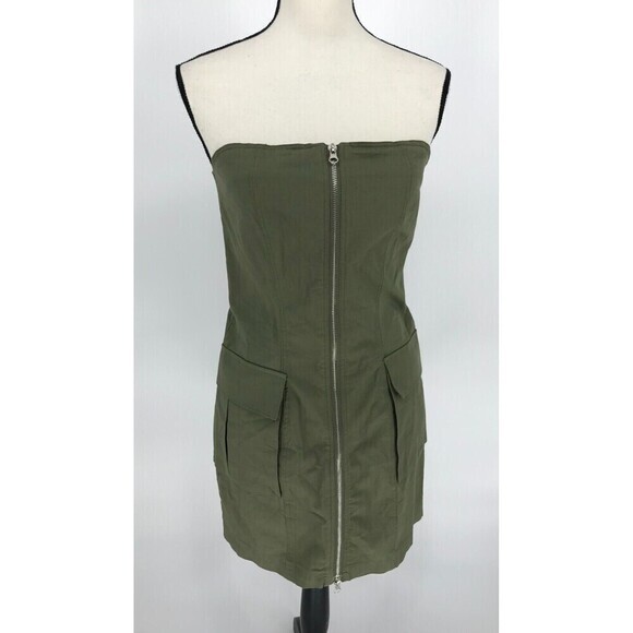 Honey Peach Green 100% Cotton Mini Dress Sz S | Cargo Pockets & Full Zipper‎ - Picture 1 of 12